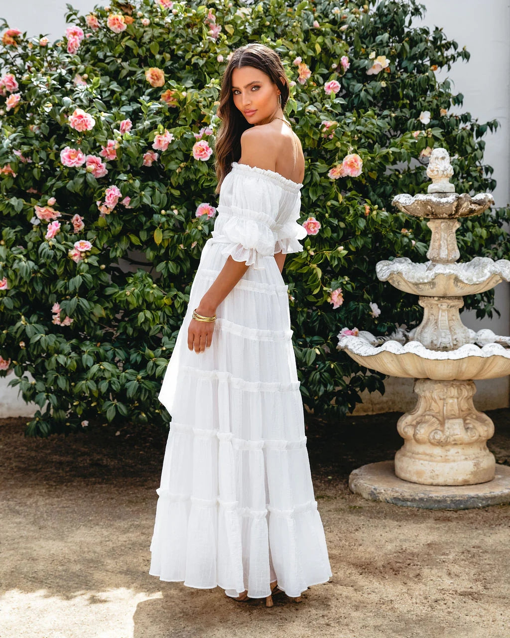 White Off Shoulder Tiered Maxi Dress