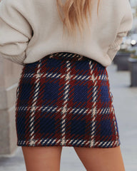 Navy Plaid Tweed Mini Skirt