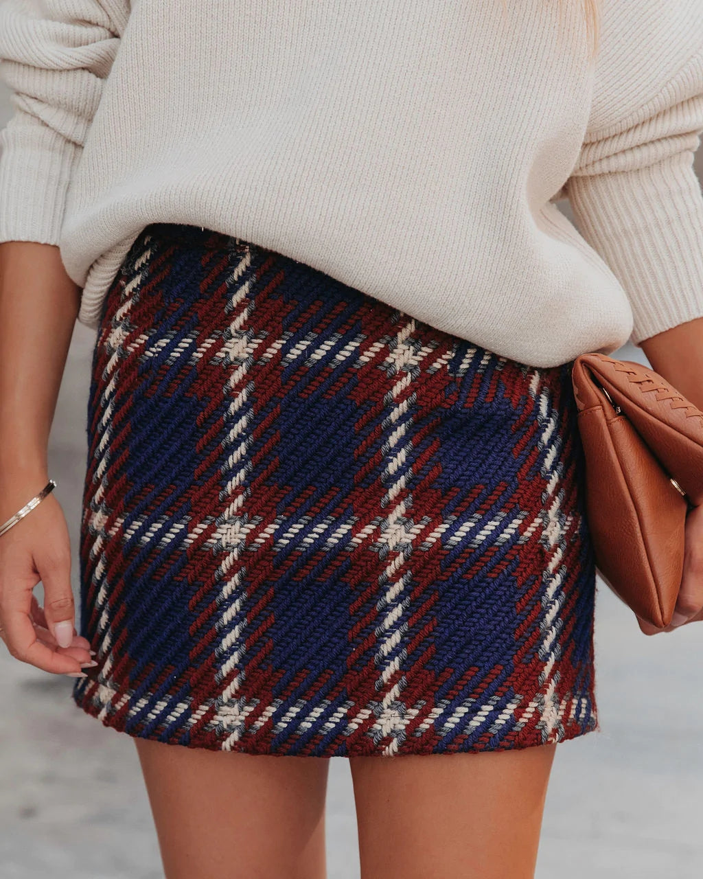 Navy Plaid Tweed Mini Skirt