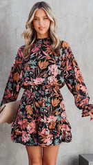 Black Floral Foliage Long Sleeves Dress