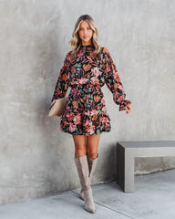 Black Floral Foliage Long Sleeves Dress