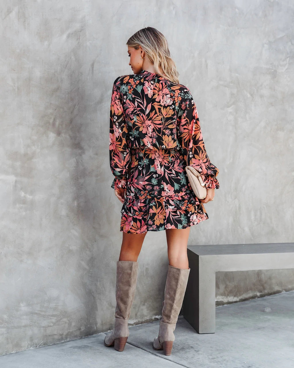 Black Floral Foliage Long Sleeves Dress