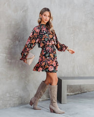 Black Floral Foliage Long Sleeves Dress