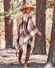 Brown Checkered Print Fringe Poncho