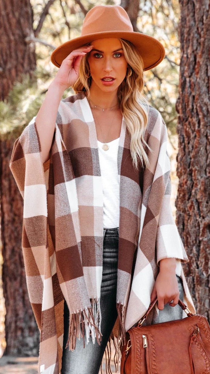 Brown Checkered Print Fringe Poncho