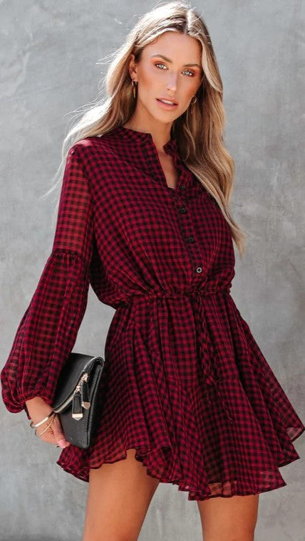 Burgundy Plaid Long Sleeves Dress