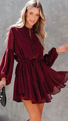 Burgundy Plaid Long Sleeves Dress