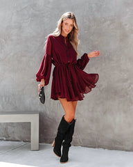 Burgundy Plaid Long Sleeves Dress