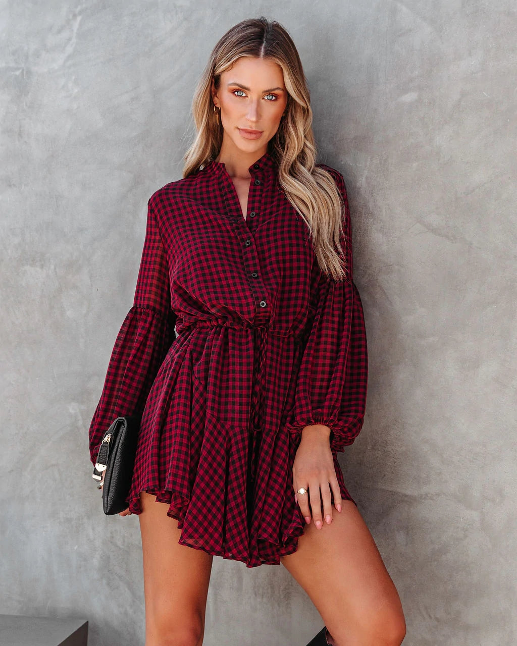 Burgundy Plaid Long Sleeves Dress