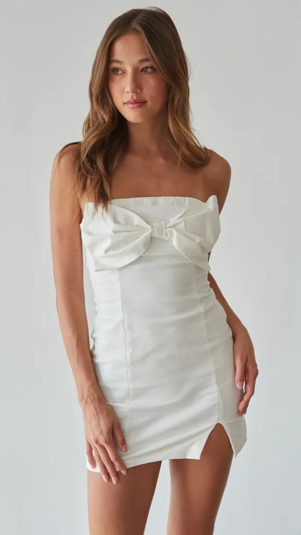 White Strapless Bow Mini Dress