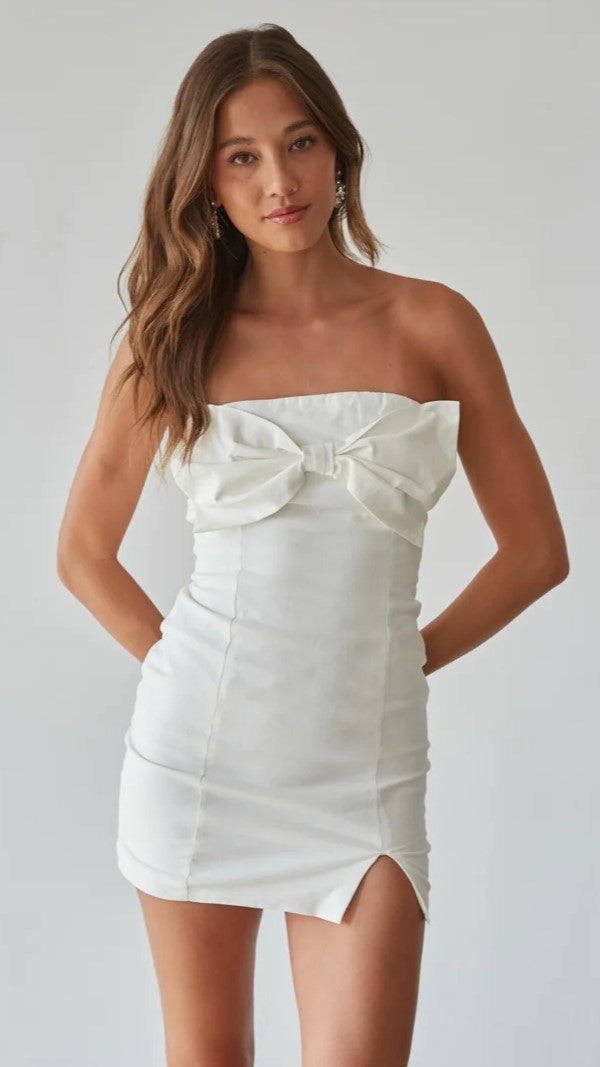 White Strapless Bow Mini Dress