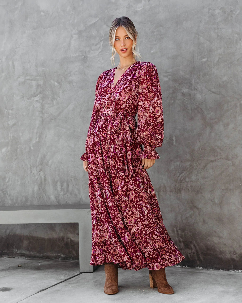 Fucshia Floral Long Sleeves Midi Dress