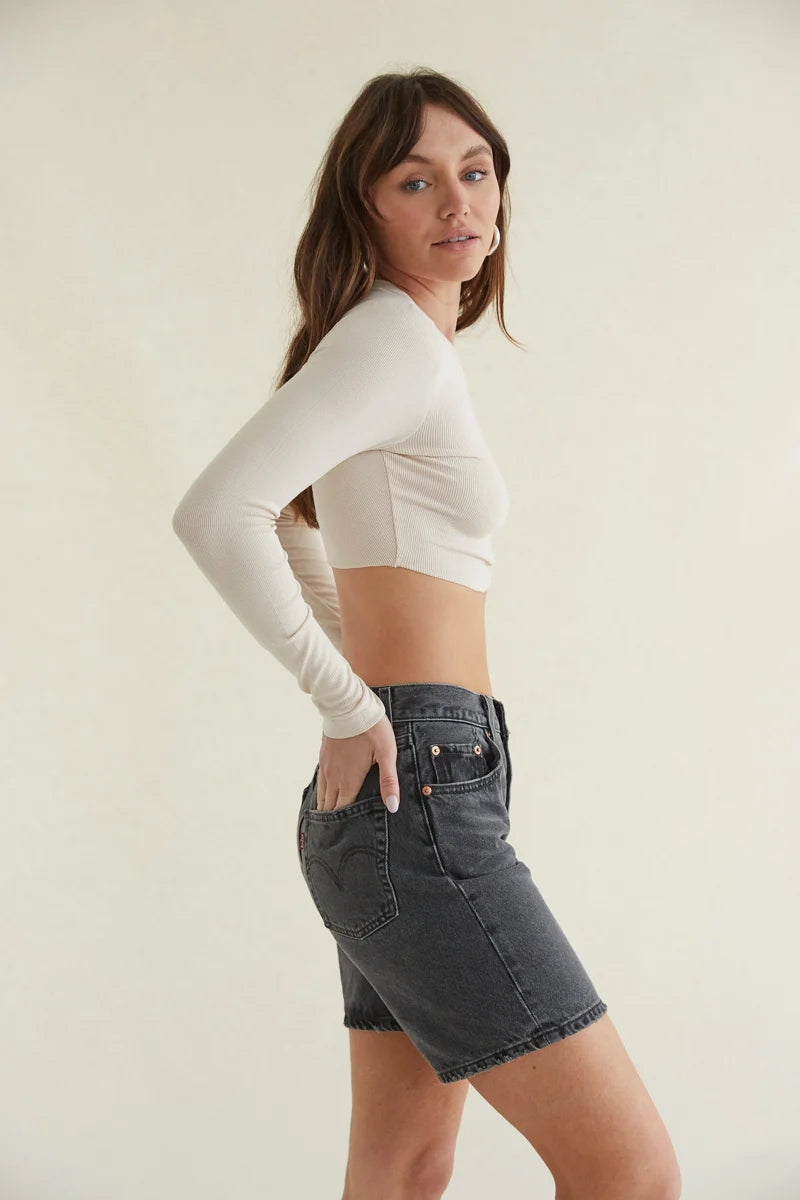 Beige Knit Long Sleeves Crop Top