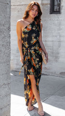 Black Floral One Shoulder Midi Dress