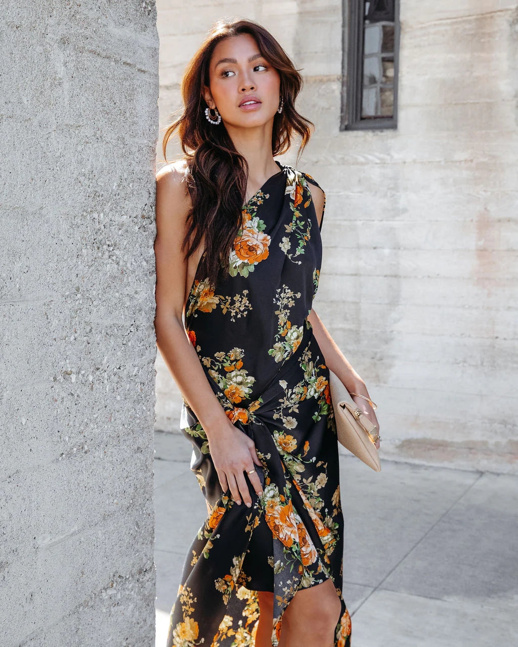 Black Floral One Shoulder Midi Dress