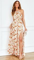 Orange Floral High Slit Midi Dress