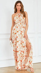 Coral Floral High Slit Maxi Dress