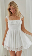 White Pleated Yoke Mini Dress