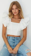 White Ruffled Sleeves Crop Top