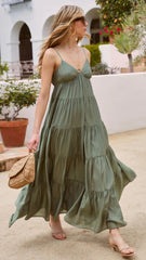 Olive Green Tiered Slip Midi Dress