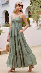 Olive Green Tiered Slip Midi Dress