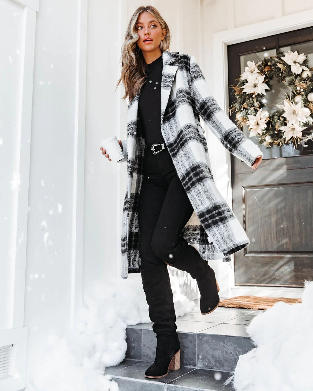 Black White Plaid Print Long Coat