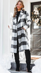 Black White Plaid Print Long Coat