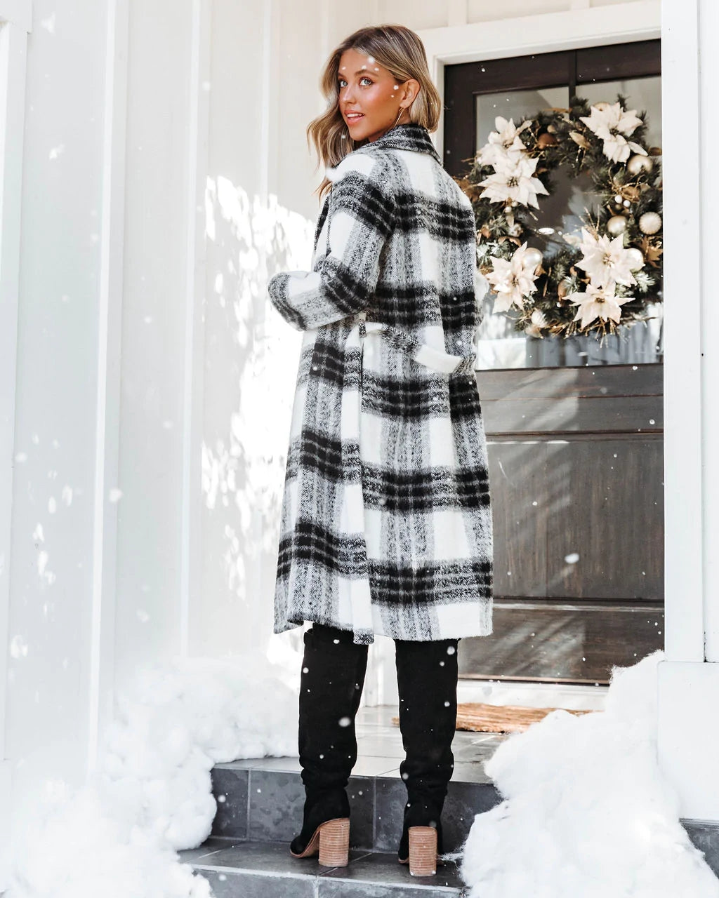 Black White Plaid Print Long Coat