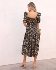 Black Floral Smocked Yoke Midi Dress