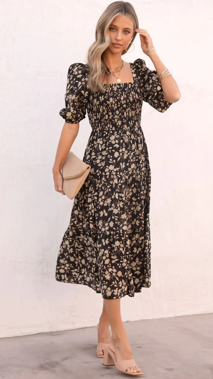 Black Floral Smocked Yoke Midi Dress