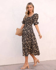 Black Floral Smocked Yoke Midi Dress