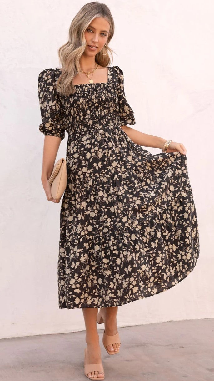 Black Floral Smocked Yoke Midi Dress