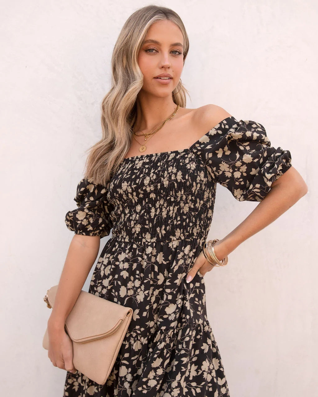 Black Floral Smocked Yoke Midi Dress