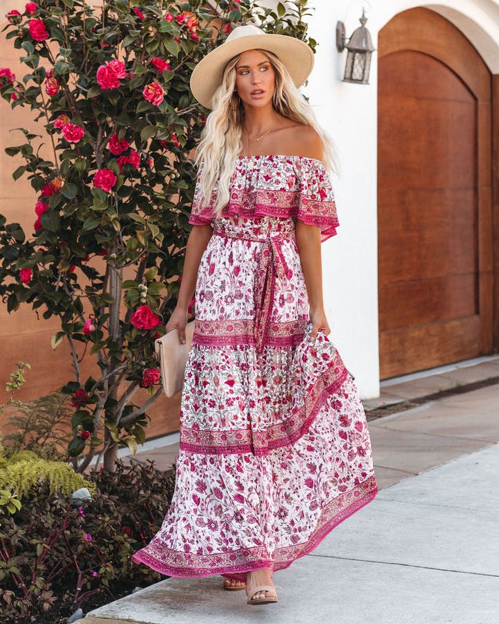 Fuschia Floral Off Shoulder Maxi Dress