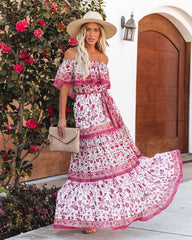 Fuschia Floral Off Shoulder Maxi Dress