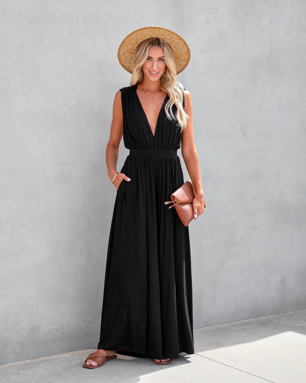 Black Wide-Leg Solid Jumpsuits