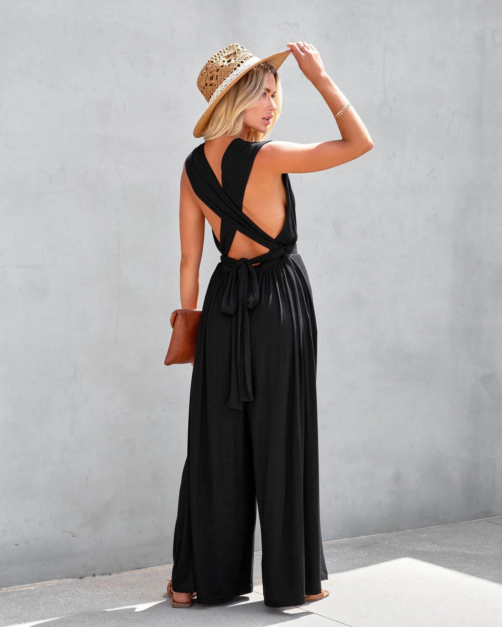 Black Wide-Leg Solid Jumpsuits