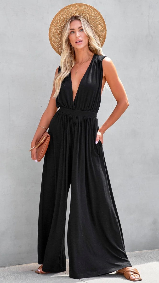 Black Wide-Leg Solid Jumpsuits