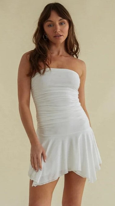 White Ruched Strapless Mini Dress